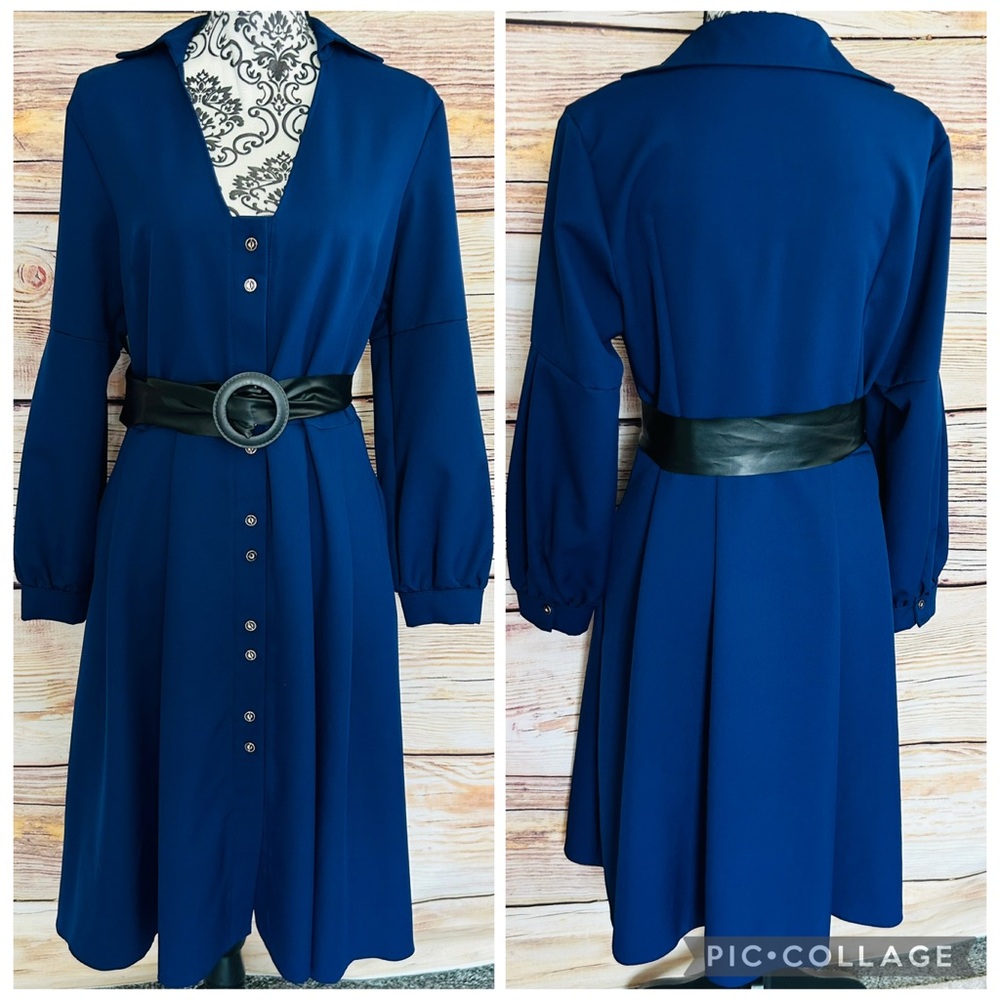 New Fashion Royal Blue Collared V-Neck Button Up Belted Fit & Flare Dress XL